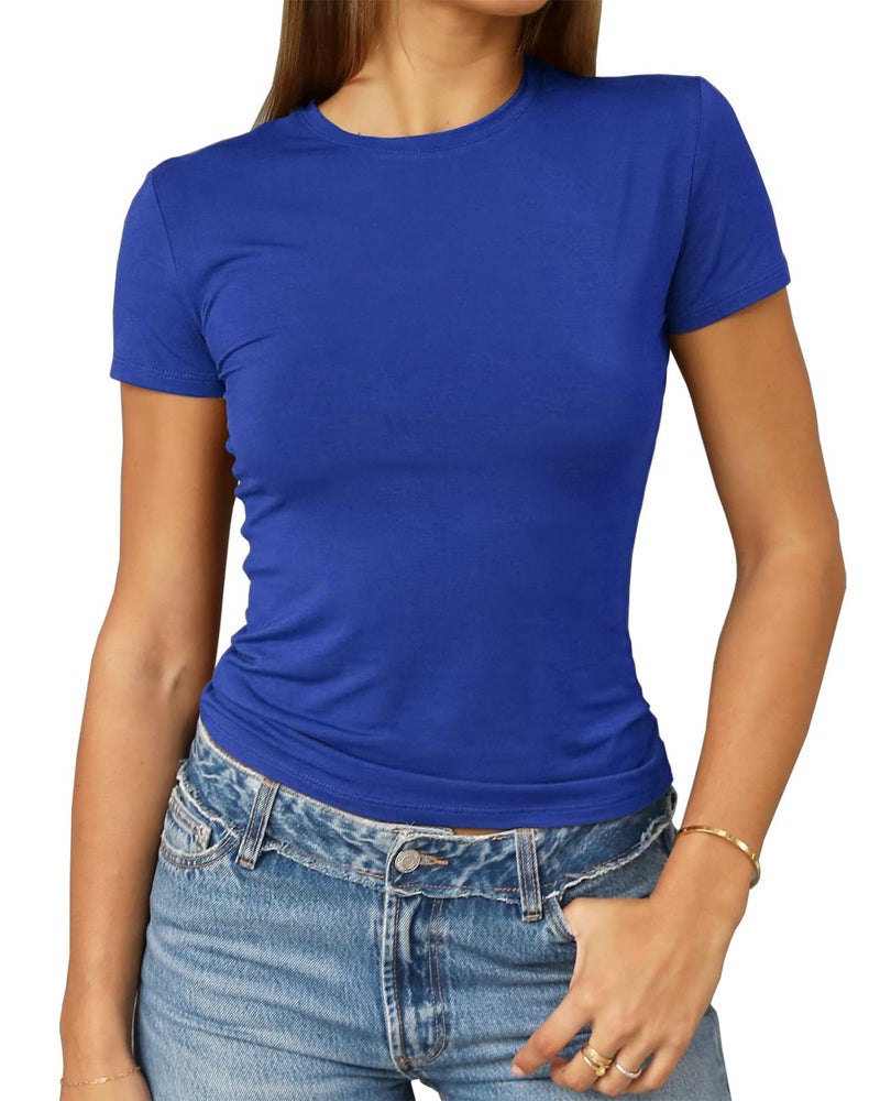 Abardsion Women's Casual Basic Going Out Crop Tops Slim Fit Short Sleeve Crew Neck Tight T Shirts 2026 (Royal Blue, S) - Image 1