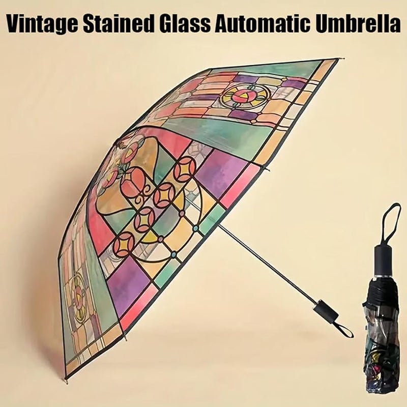 مظلة زجاج ملون شفاف مرسومة يدوياً مظلة كلاسيكية صغيرة للفتيات ثمانية إطارات من الألياف الزجاجية - Image 5