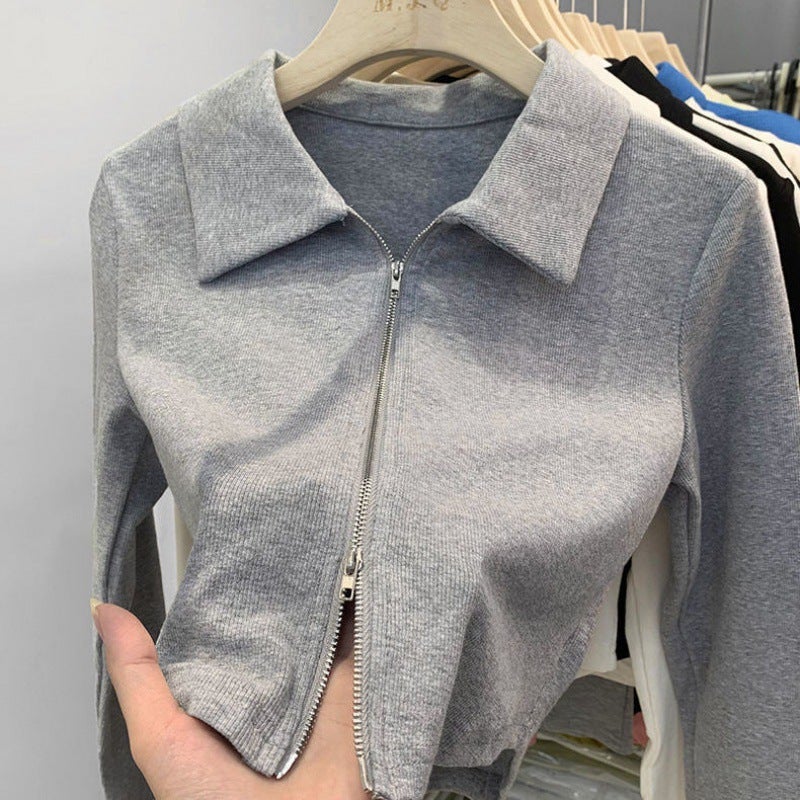 2024 Autumn Chic Polo Collar Long Sleeve Crop Tee gray elastic fabric