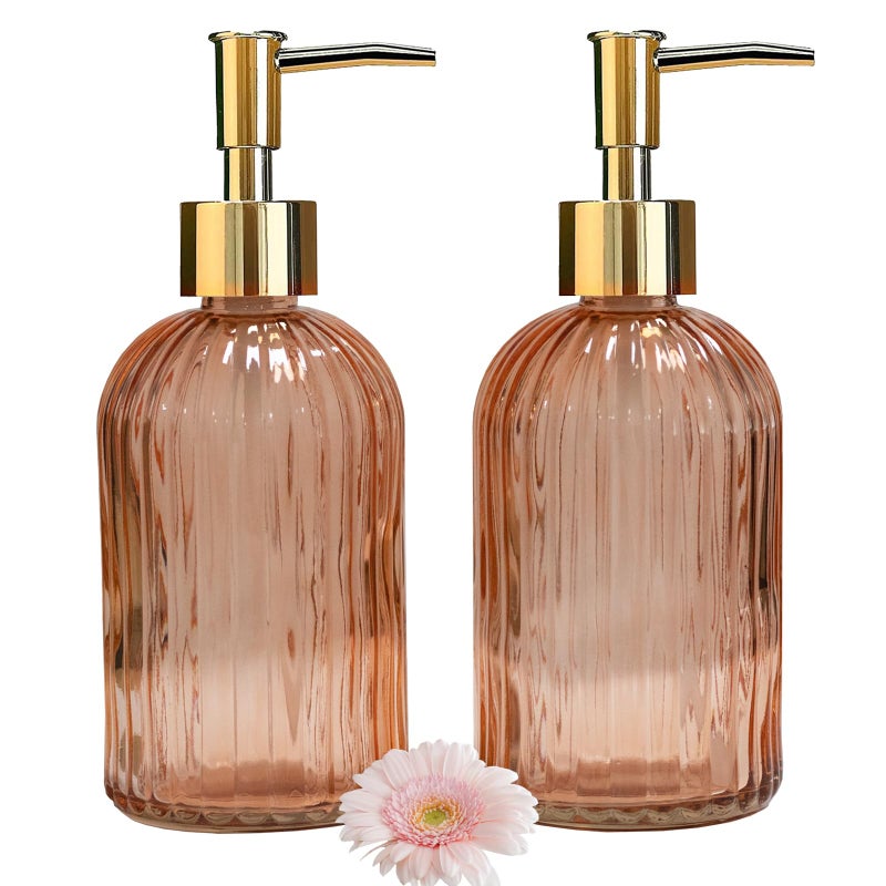 YYTSGG Glass Soap Dispenser with Gold Plastic Pump 135oz Refillable Liquid Hand Soap Dispenser 2 Pack Crystal Lotion Bottle for Modern Home Decor Bathroom Kitchen Countertop HotelOrange - Image 2