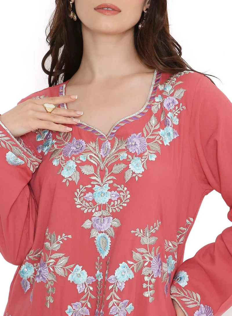 HANA & SARA Long  flower embroidery  Unique arabic kaftan jalabiya dress