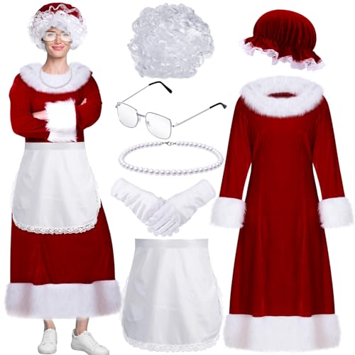 Shinymoon 7 Pcs Mrs. Claus Costume for Women Santa Claus Costume Thick Velvet Santa Dress Outfit for Christmas Party(Dark Red, Large) - Image 2