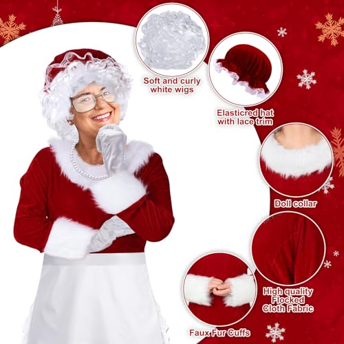 Shinymoon 7 Pcs Mrs. Claus Costume for Women Santa Claus Costume Thick Velvet Santa Dress Outfit for Christmas Party(Dark Red, Large) - Image 3