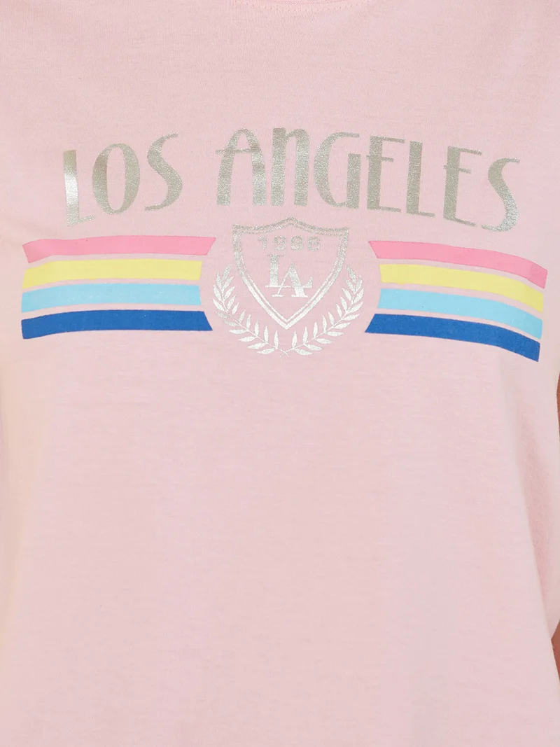 Styli Los Angeles Foil Print Cotton T-shirt and Solid Pyjama Set
