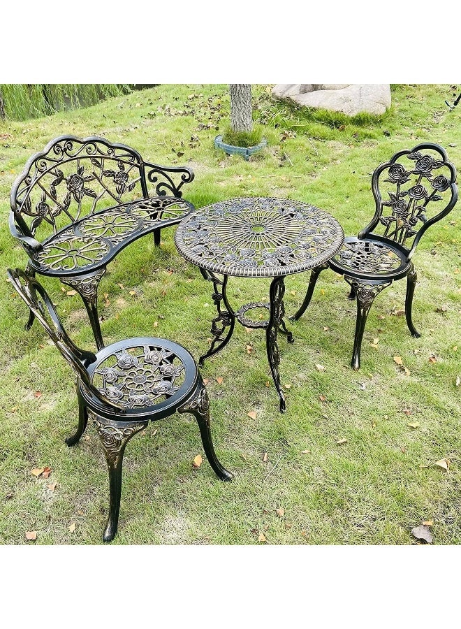 YULAN Yulan Outdoor 4-Piece Tables and Chairs, 1 Table, 2 Round Chairs and 1 Bench, Metal cast Aluminum, Bistro 0272 Suit, Garden Bench, Rose Pattern  - Image 2