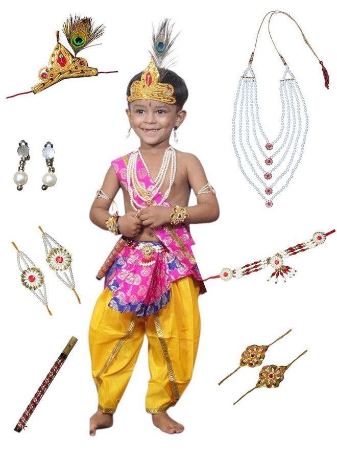 Kaku Fancy Dresses Silk,Polyester Krishna Costume For Kids Infant Baby Krishna Dress For Boys(Set Of 11-Magenta Dhoti,Patka(Stole),Belt,Mukut,5 Layer Pearl Mala,Bajuband,Earrings,Bansuri&Morpankh) - Image 1