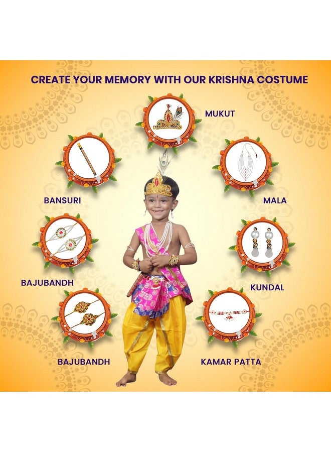Kaku Fancy Dresses Silk,Polyester Krishna Costume For Kids Infant Baby Krishna Dress For Boys(Set Of 11-Magenta Dhoti,Patka(Stole),Belt,Mukut,5 Layer Pearl Mala,Bajuband,Earrings,Bansuri&Morpankh) - Image 2