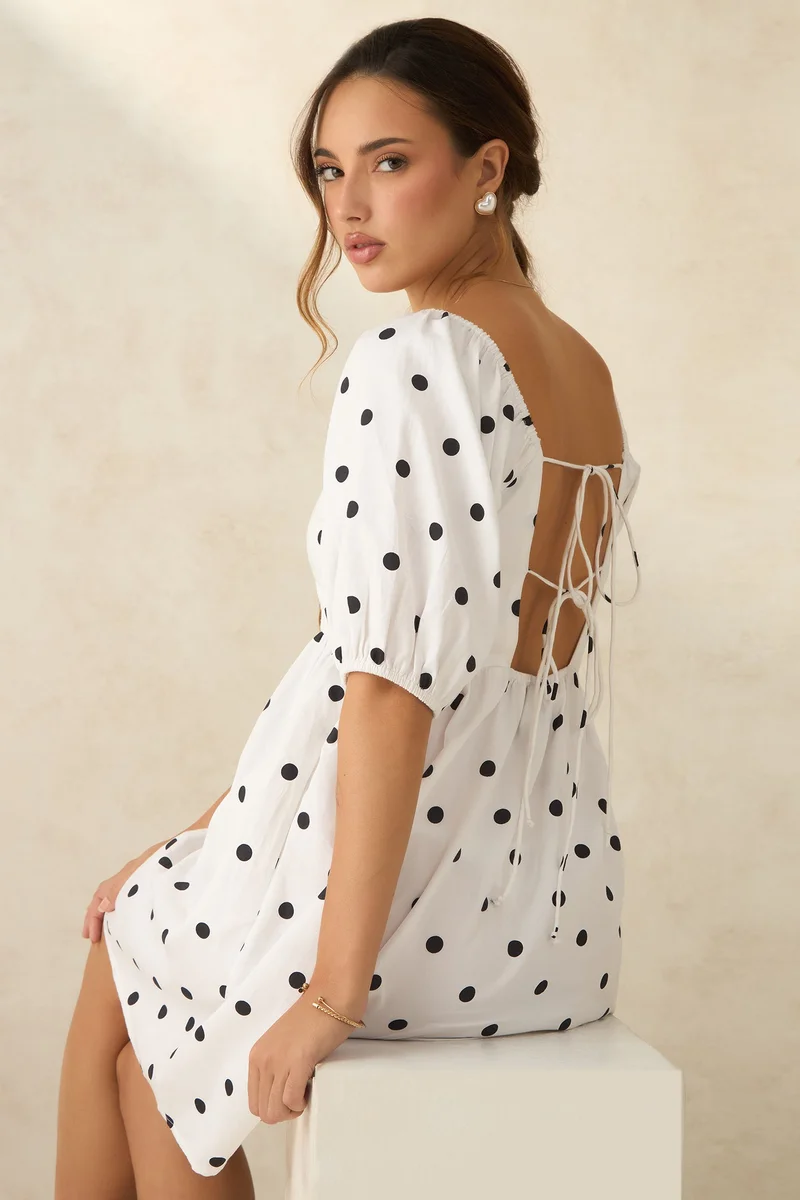 فيرجيو Printed Cotton Polka Mini Dress With Tie At Back for Women