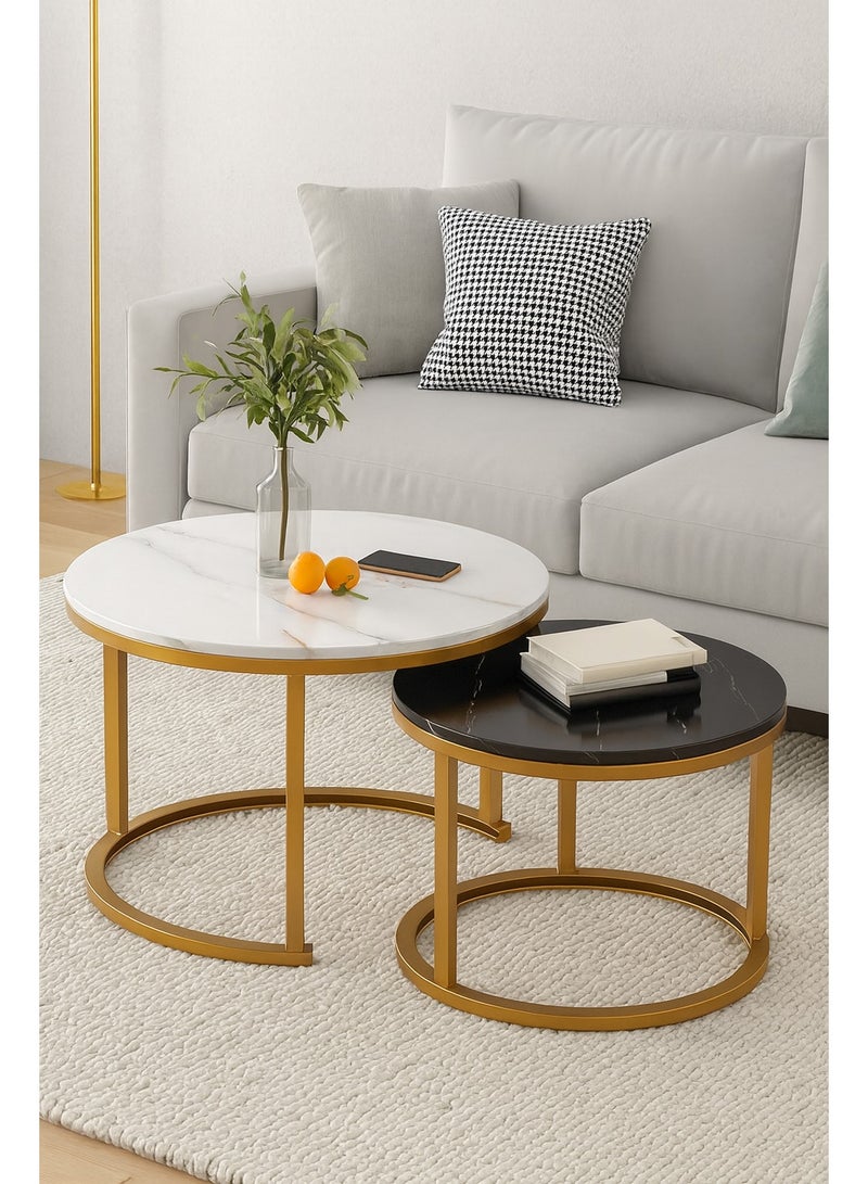 Harmony Home Modern Round Faux Marble Nesting Coffee Table For Living Sofa Center (White/Black) - Image 2