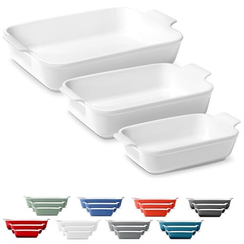 ROSSALLINI Stoneware Casserole Dish Bakeware Set of 3 | Rectangular Dinnerware Set with Handles [Glossy White] - Image 1
