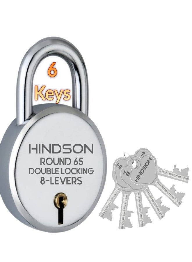 Hindson Round 65mm Padlock | Heavy Duty Metal Body Lock | Double Locking | 8 Steel Levers | 6 Silver Keys with Keychain | Silver Finish | Home Improvement | Made in India - Image 1