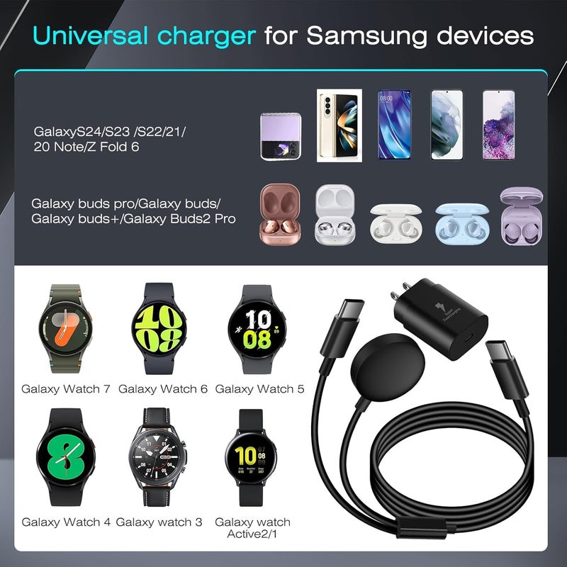 DuoCaiBao Galaxy Watch Charger Compatible Galaxy Watch 8/7/6/6 Classic/5 Pro/5/4 Classic/3 Active2/1, 2-in-1 USB C Fast Charging Cable, 25W Super Fast Charger for Galaxy S25/24/23/iPhone 16/15(5FT) - Image 3