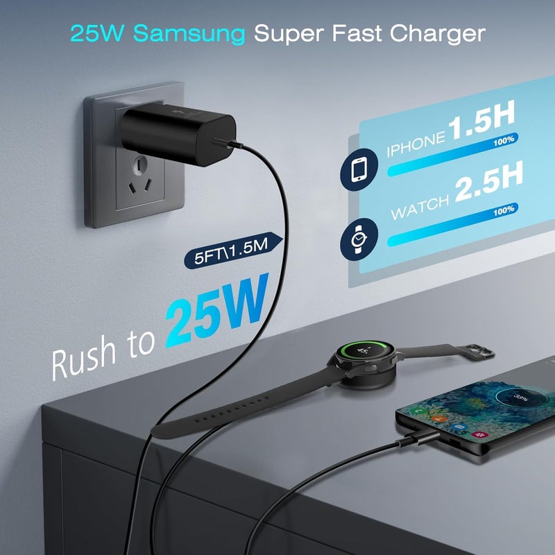 DuoCaiBao Galaxy Watch Charger Compatible Galaxy Watch 8/7/6/6 Classic/5 Pro/5/4 Classic/3 Active2/1, 2-in-1 USB C Fast Charging Cable, 25W Super Fast Charger for Galaxy S25/24/23/iPhone 16/15(5FT) - Image 2