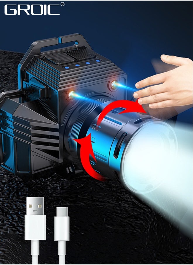 GROIC - LED Rechargeable Headlamp, Headlight 9000 Lumens Super Bright with 3 Modes Warning Light, Motion Sensor Adjustable Headband Head Lamp, Adjustable for Adult Outdoor Camping Running Cycling - Image 1