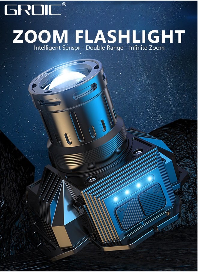 GROIC - LED Rechargeable Headlamp, Headlight 9000 Lumens Super Bright with 3 Modes Warning Light, Motion Sensor Adjustable Headband Head Lamp, Adjustable for Adult Outdoor Camping Running Cycling - Image 1