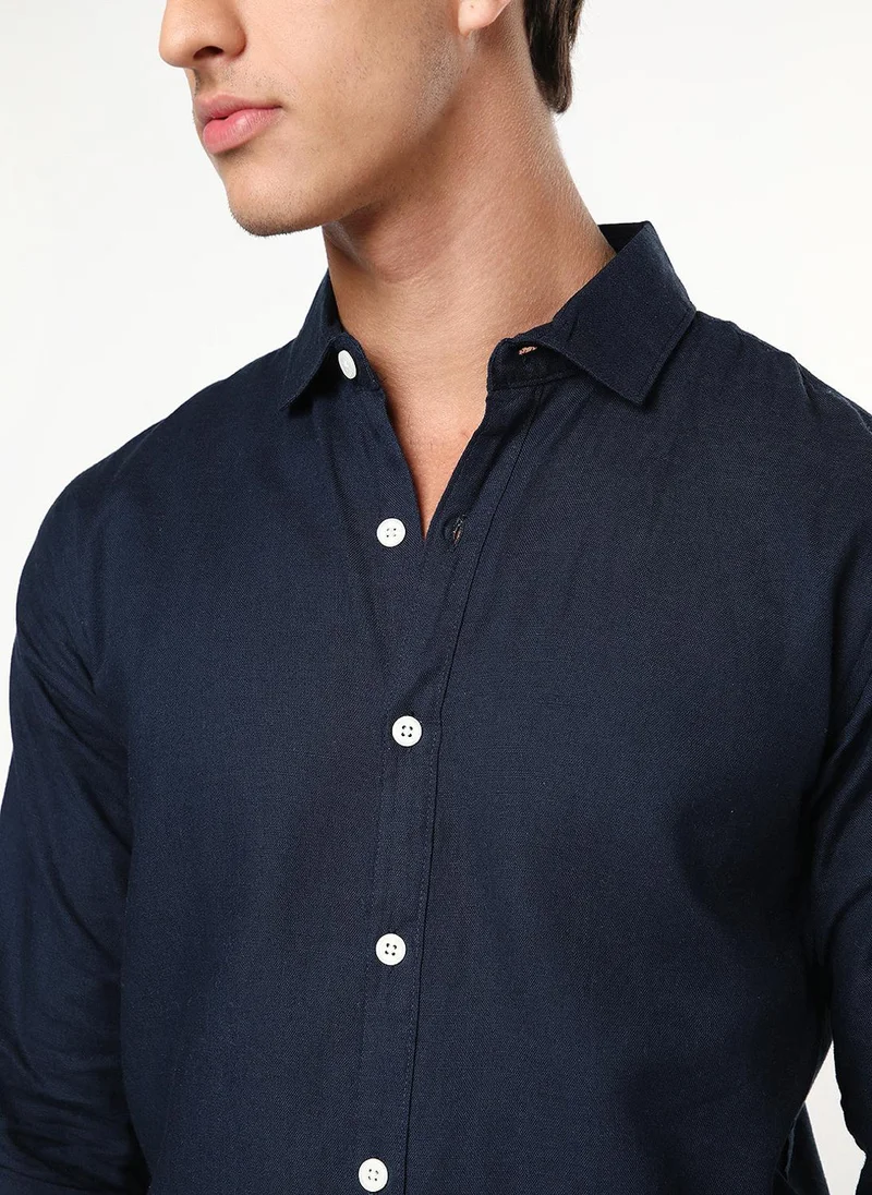 Urbano Fashion  Urbano Fashion Men's Navy Linen Blend Full Sleeve Relaxed Fit Casual Solid Shirt for Men | Best Price UAE