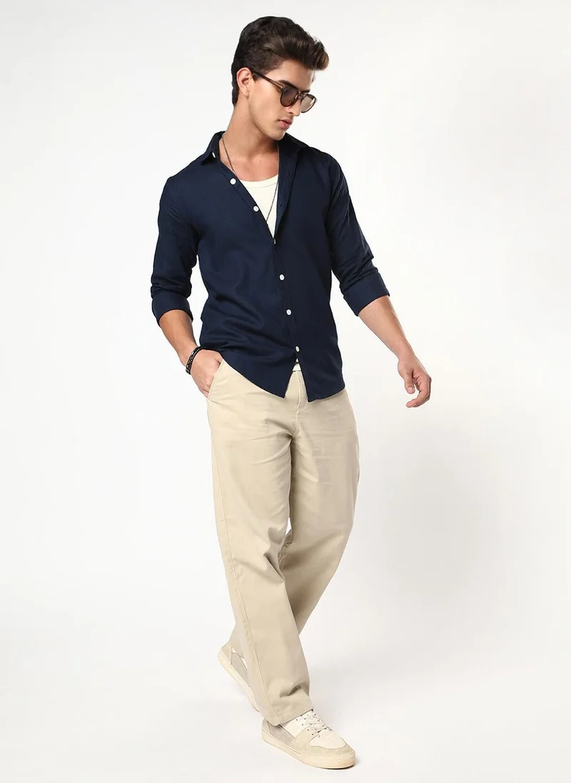Urbano Fashion  Urbano Fashion Men's Navy Linen Blend Full Sleeve Relaxed Fit Casual Solid Shirt for Men | Best Price UAE