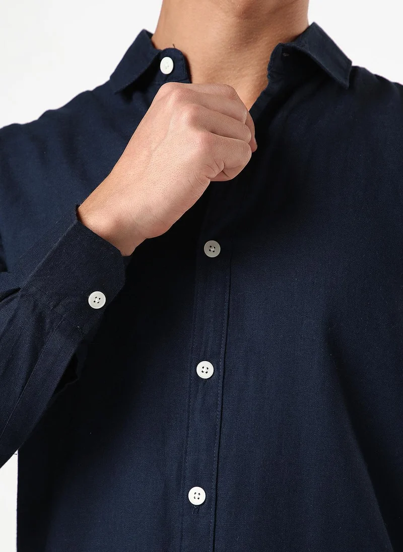 Urbano Fashion  Urbano Fashion Men's Navy Linen Blend Full Sleeve Relaxed Fit Casual Solid Shirt for Men | Best Price UAE