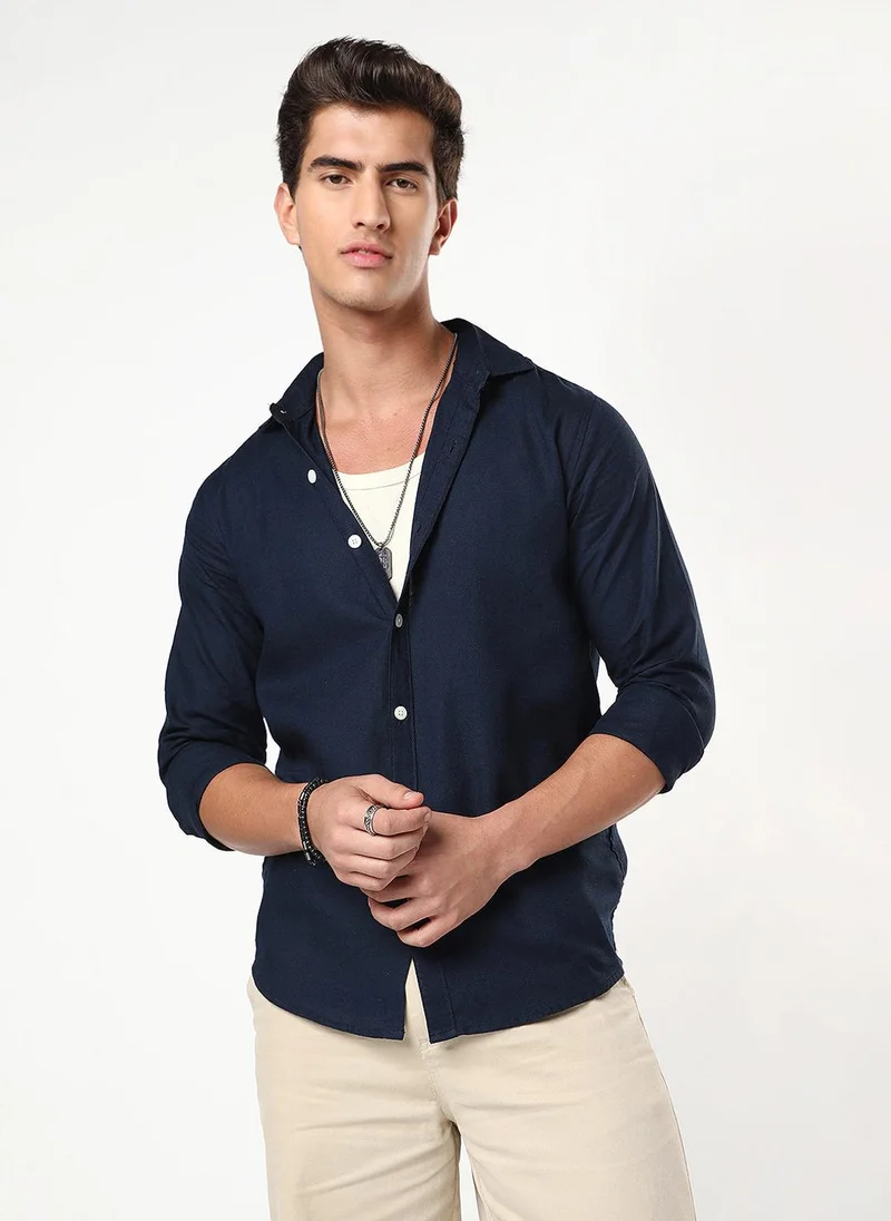 Urbano Fashion  Urbano Fashion Men's Navy Linen Blend Full Sleeve Relaxed Fit Casual Solid Shirt for Men | Best Price UAE