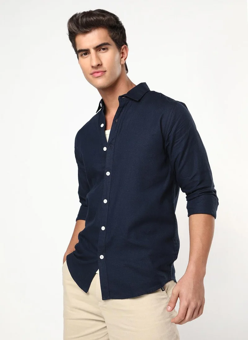 Urbano Fashion Men's Navy Linen Blend Full Sleeve Relaxed Fit Casual Solid Shirt
