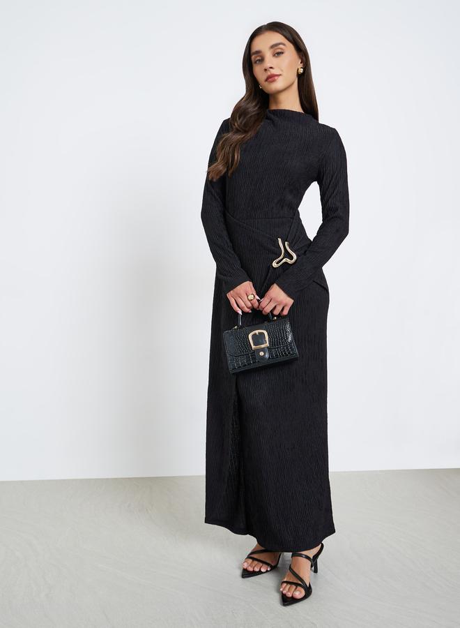 Styli Textured Maxi Dress with Buckle Waist Detail - Image 1