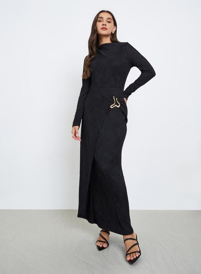 Styli Textured Maxi Dress with Buckle Waist Detail - Image 2