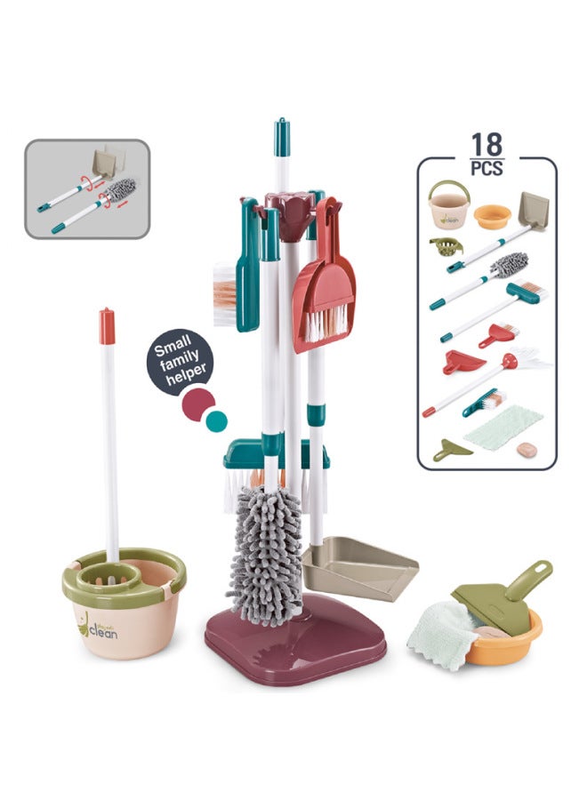 مجموعة أدوات التنظيف المحاكاة للأطفال عربة دفع مكنسة كهربائية منزلية مكنسة ممسحة قماش بدلة لعب صحية-اللون: 66759-مجموعة من 18 قطعة - Image 1