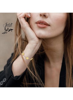 جوليا ستور سوار من الفولاذ المقاوم للصدأ مطلي بالذهب عيار 18 قيراطًا على شكل زهرة البرسيم ذات الخمس أوراق الفاخرة المحظوظة للنساء، أساور مجوهرات هدايا للنساء باللون الذهبي  - Image 5