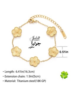 جوليا ستور سوار من الفولاذ المقاوم للصدأ مطلي بالذهب عيار 18 قيراطًا على شكل زهرة البرسيم ذات الخمس أوراق الفاخرة المحظوظة للنساء، أساور مجوهرات هدايا للنساء باللون الذهبي  - Image 2