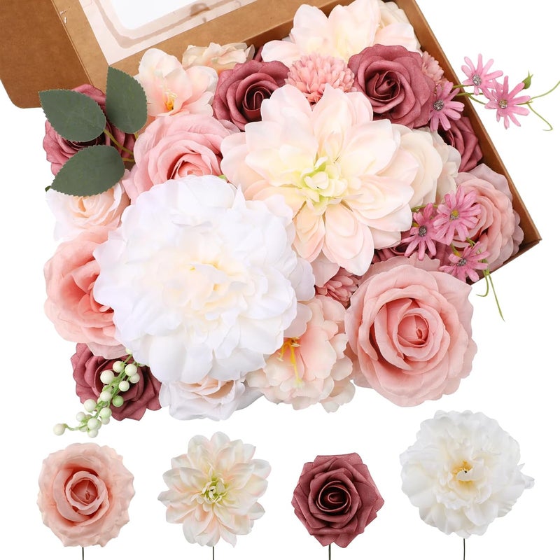 Floweroyal Artificial Flowers Combo Pink Flowers Mix Silk Flowers Dahlia Roses with Stems for DIY Wedding Bridal Bouquets, Baby Shower, Floral Arrangement, Table Centerpieces, Home Decorations - Image 1