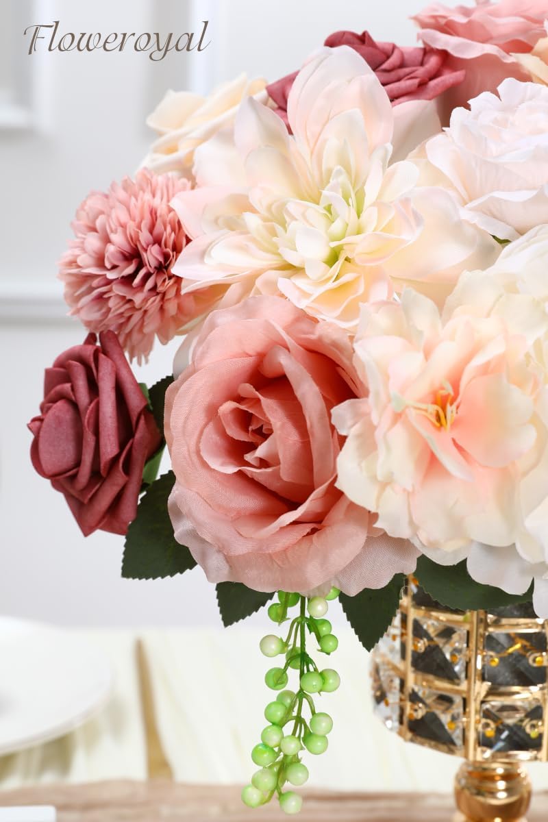 Floweroyal Artificial Flowers Combo Pink Flowers Mix Silk Flowers Dahlia Roses with Stems for DIY Wedding Bridal Bouquets, Baby Shower, Floral Arrangement, Table Centerpieces, Home Decorations - Image 2