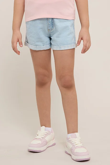 R&B Washed Denim Shorts with Button Closure