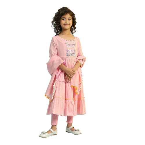 Biba Girls Pastel Pink Tiered Cotton Solid Kurta suit set - Image 1