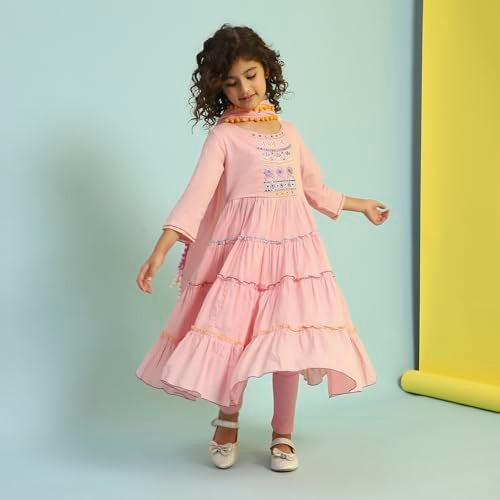 Biba Girls Pastel Pink Tiered Cotton Solid Kurta suit set - Image 5