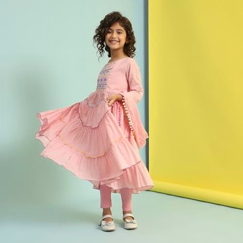Biba Girls Pastel Pink Tiered Cotton Solid Kurta suit set - Image 2
