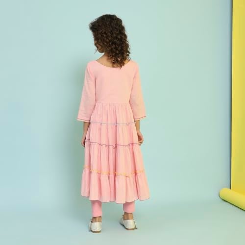 Biba Girls Pastel Pink Tiered Cotton Solid Kurta suit set - Image 4