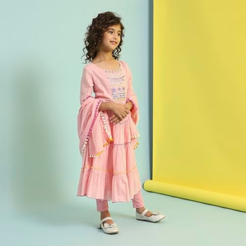 Biba Girls Pastel Pink Tiered Cotton Solid Kurta suit set - Image 3