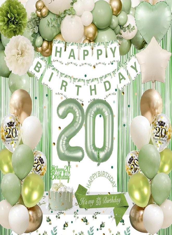 زينة عيد الميلاد العشرين من GYESXYW، زينة عيد ميلاد العشرين باللون الأخضر الزيتوني للنساء، لافتة عيد ميلاد سعيد، بالونات خضراء وذهبية، تاج، وشاح، ستارة مزينة بشراشيب، مفرش طاولة، زينة كعكة لعيد الميلاد العشرين - Image 1