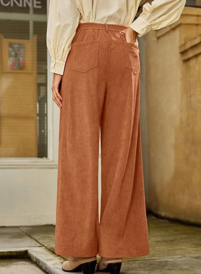 Sidefeel Women's Corduroy Pants Casual High Waisted Baggy Wide Leg Elastic Waist Loose Trousers with Pockets, Gold Flame, S - Image 2
