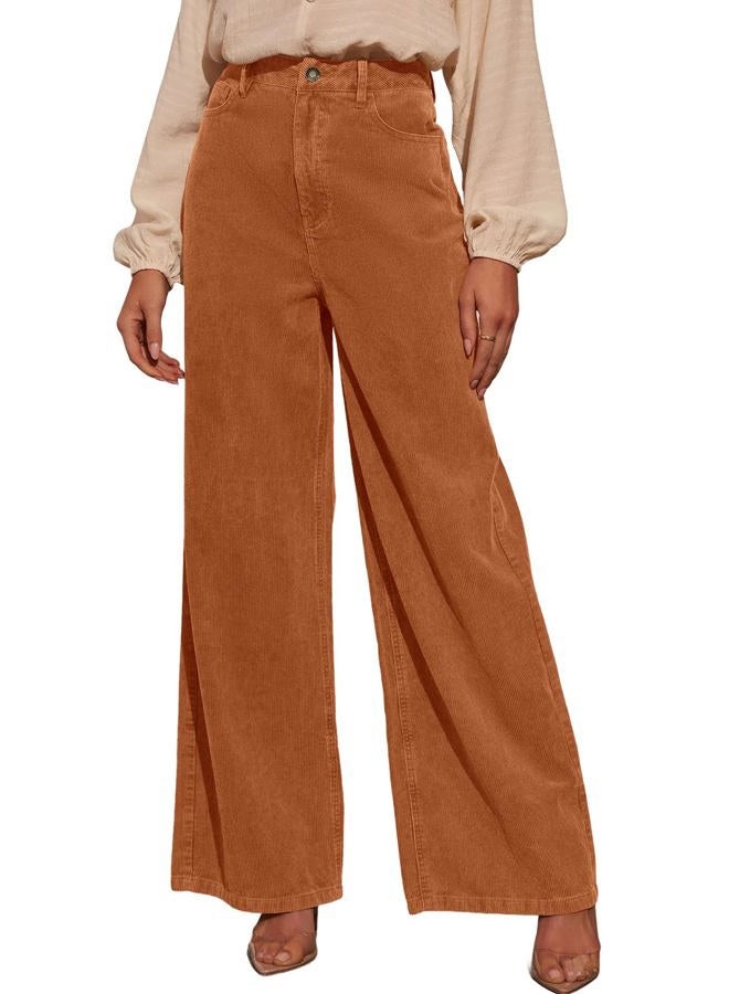 Sidefeel Women's Corduroy Pants Casual High Waisted Baggy Wide Leg Elastic Waist Loose Trousers with Pockets, Gold Flame, S - Image 1