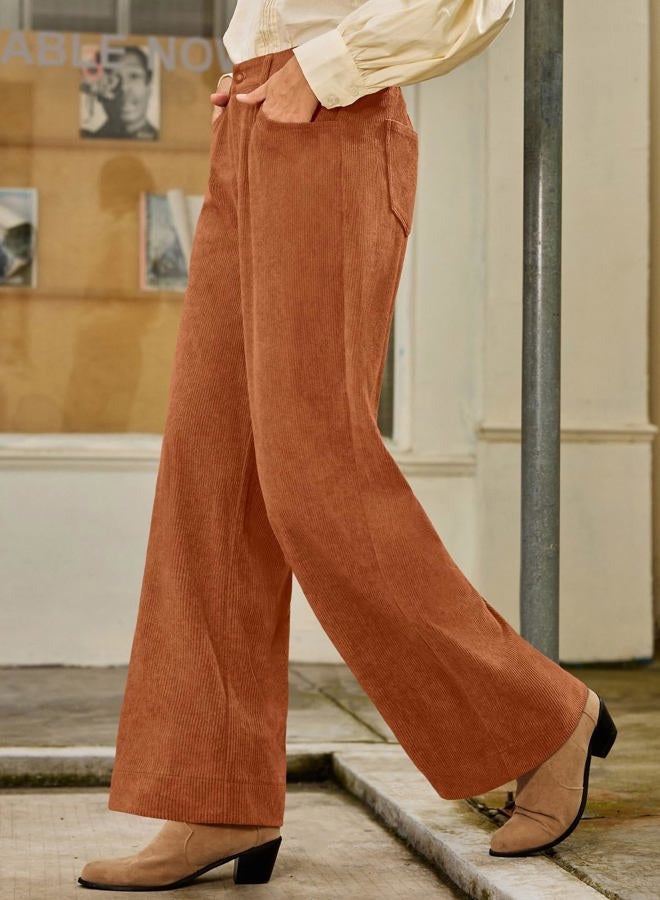 Sidefeel Women's Corduroy Pants Casual High Waisted Baggy Wide Leg Elastic Waist Loose Trousers with Pockets, Gold Flame, S - Image 3
