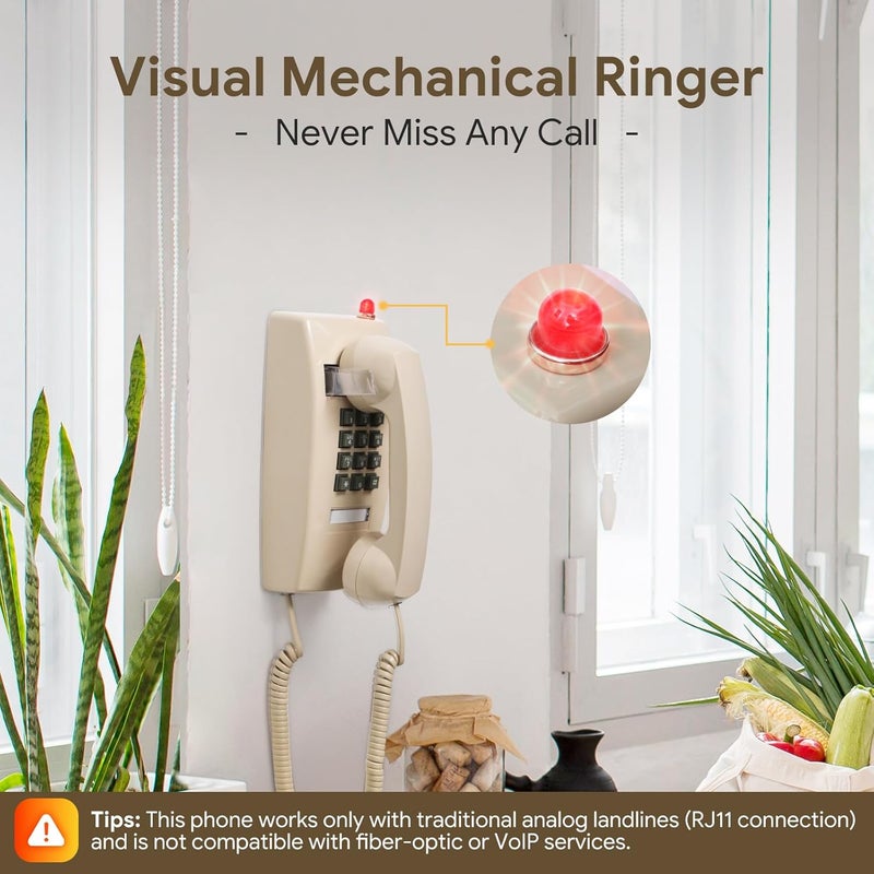 Sangyn Retro Wall Phones for Landline with Mechanical Ringer Corded Telephone Wall Mounted with Indicator Waterproof Old Style Landline Phones for Home Kitchen, Beige - Image 1