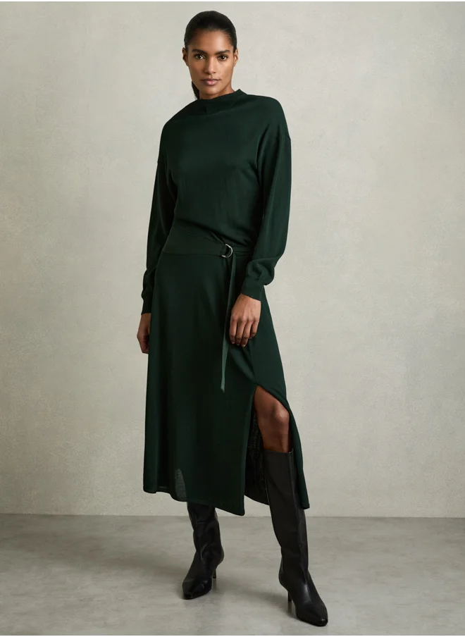 REISS Belted Knit Woven Dress