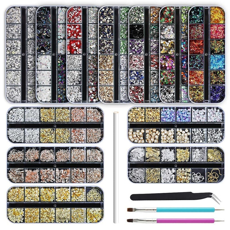 Artdone 12 boxes Nail RhinestonesNail Gems Nail DiamondsNail Art Studs Nail Crystals Nail Sequins for Nails Kit with 1 Tweezers and 3 Pen for Nail Art Supplies Accessories