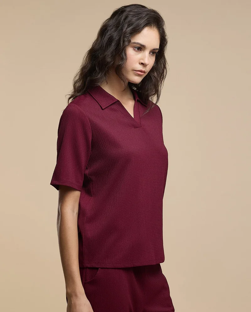R&B Textured Top With Collared Neck And Short Sleeves