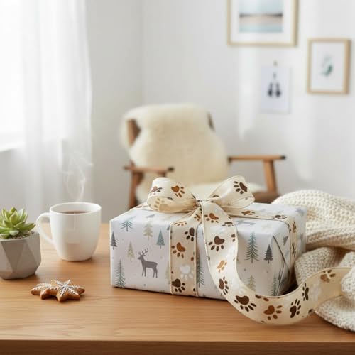 CT CRAFT LLC Ivory Canvas Dog Paw Wired Ribbon 1.5 Inch x 10 Yards for Christmas Home Decor Tree Topper Bow Gift Wrapping DIY Crafts Wreath Garland - Image 2