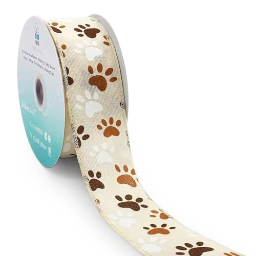 CT CRAFT LLC Ivory Canvas Dog Paw Wired Ribbon 1.5 Inch x 10 Yards for Christmas Home Decor Tree Topper Bow Gift Wrapping DIY Crafts Wreath Garland - Image 1