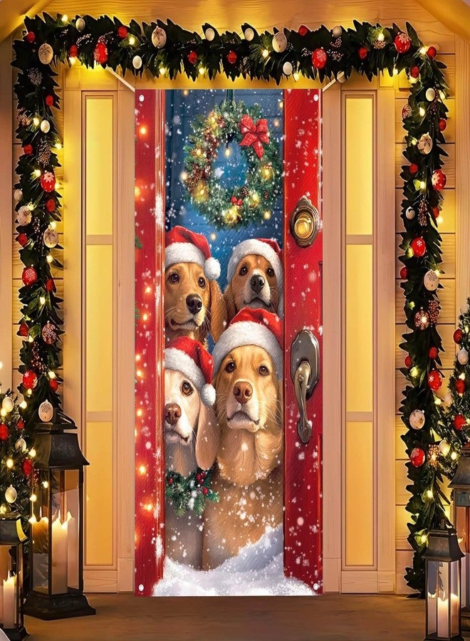 BlissYard Merry Christmas Door Cover 35x71 Inch Front Porch Door Banners Decoration in Santa Hats Snow Scene for Sign Background Party Indoor Decor - Image 1