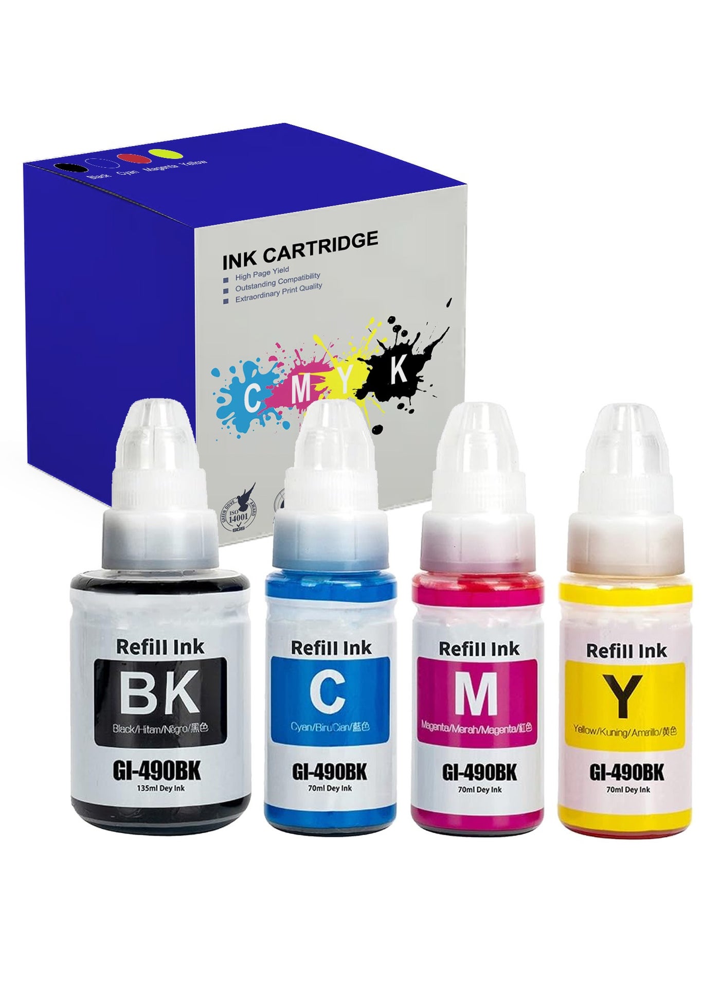 GI-490 Ink Bottle Refill 4-Colour Multipack Compatible for Canon GI490 Ink Kit for Canon PIXMA G3400 G2400 G1400 G4400 G1411 G2411 G3411 G4411 G4410 G3410 MegaTank, 4-Pack (170ML Black, 70ML per Color)