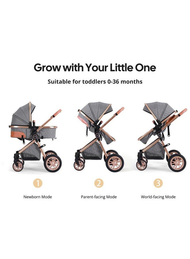 Cochildor DuraFlex 2-in-1 Baby Stroller, Foldable Travel Stroller for Newborn to Toddler, Convertible Stroller with All-Terrain Wheels and UPF 50+ Canopy, Gray - Image 2
